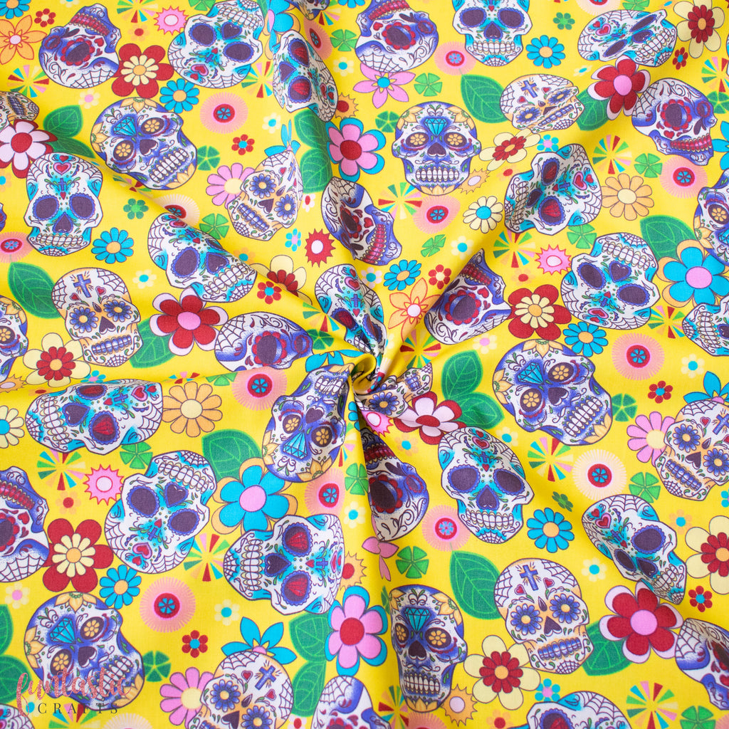 Yellow Day of the Dead Sugar Skulls 100% Cotton Fabric