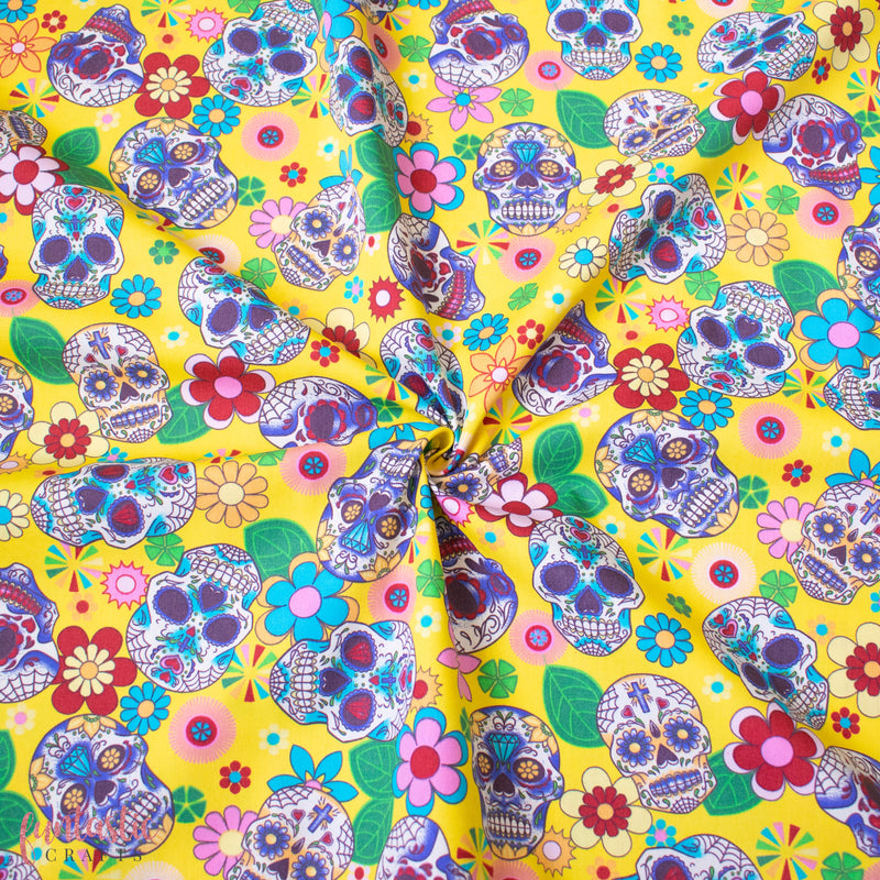 Yellow Day of the Dead Sugar Skulls 100% Cotton Fabric