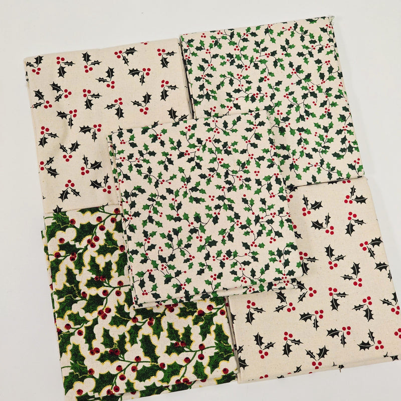 Set of Christmas-themed fabric swatches with holly pattern on a white background