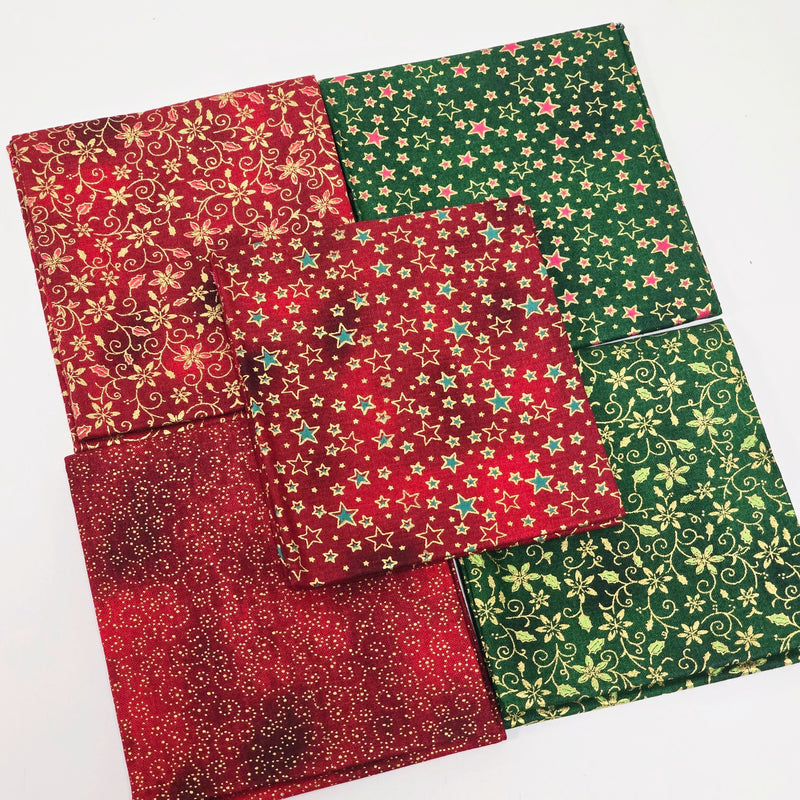 Set of red and green fabric swatches with star and floral patterns on a white background