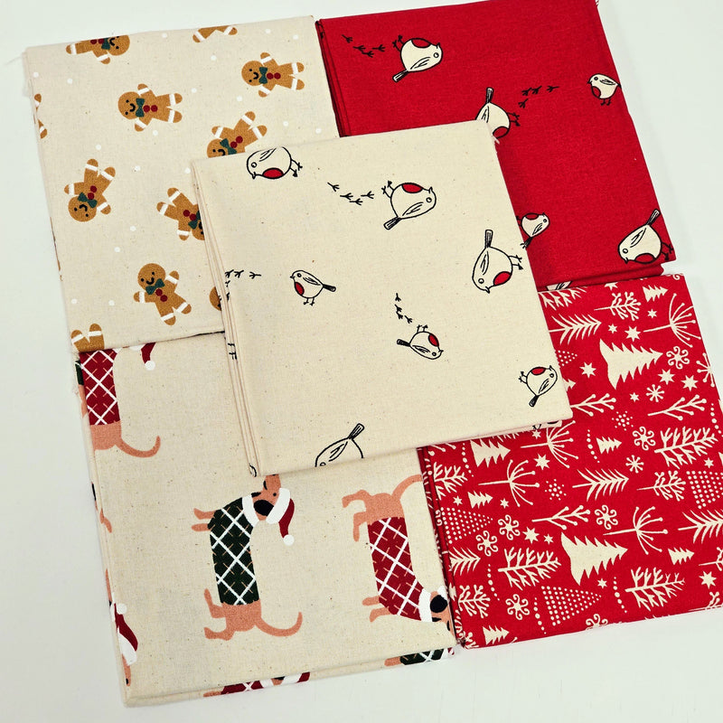Set of fabric swatches with Christmas-themed patterns on a white background