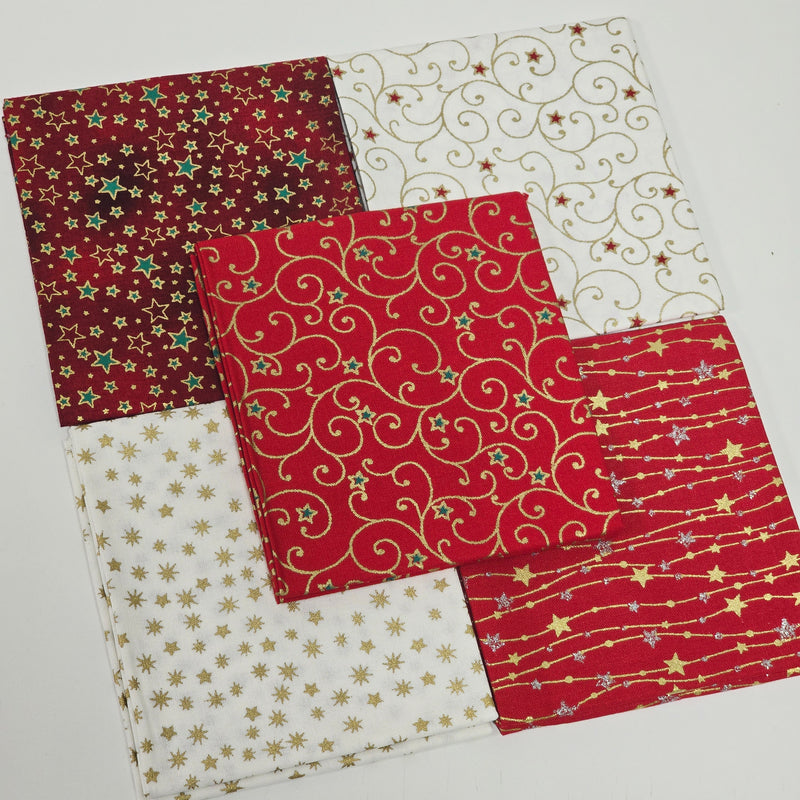 Fabric swatches with red, white, and gold patterns on a white background