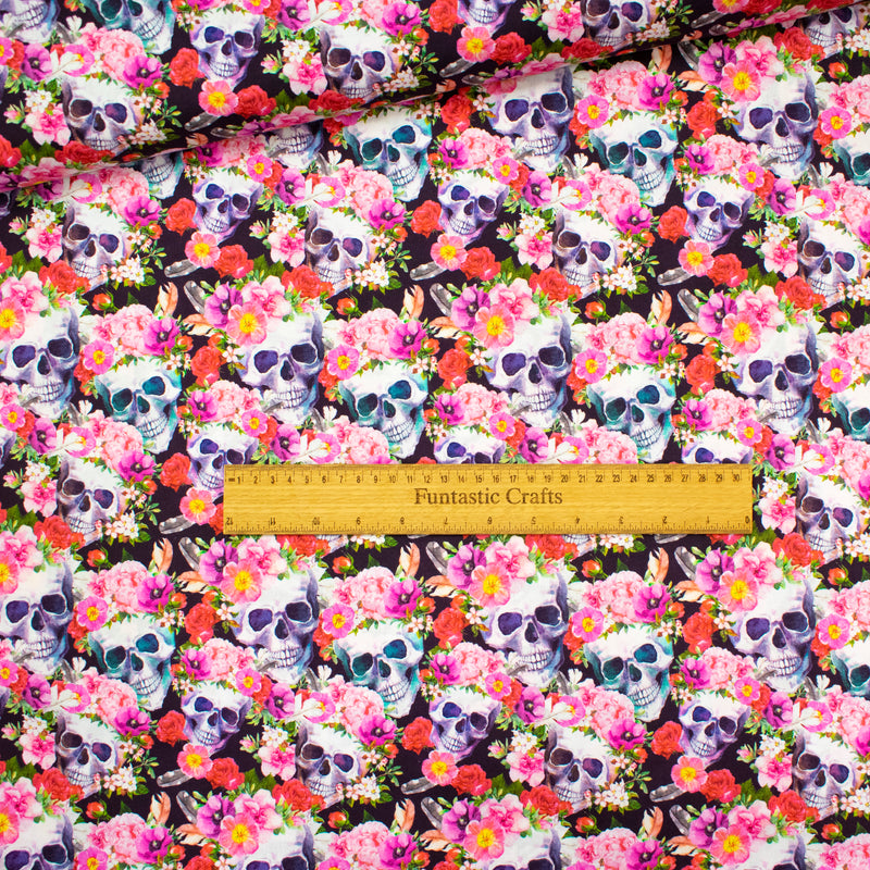 Pink Floral Skulls 100% Cotton Fabric