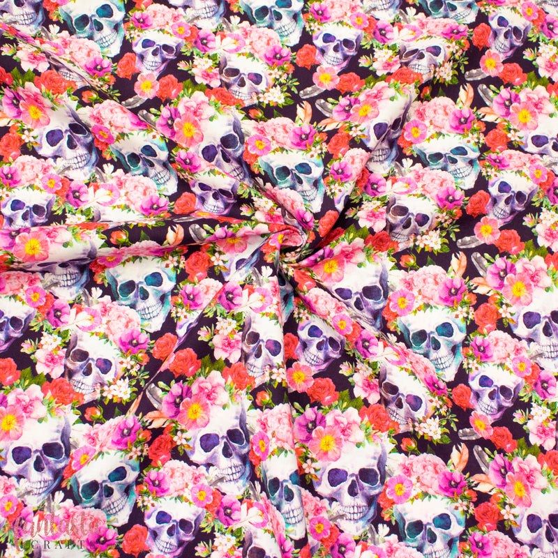 Pink Floral Skulls 100% Cotton Fabric