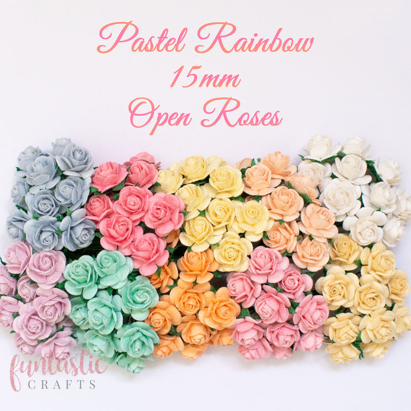 15mm Pastel Rainbow Pack Mulberry Paper Flowers Open Roses