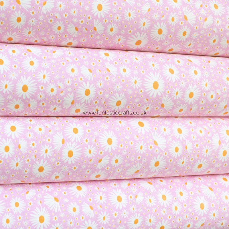 Pink Daisy Floral Glitter Faux Suede Fabric