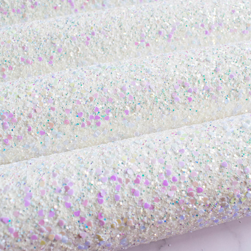 White Sweetheart Chunky Glitter Fabric with hearts