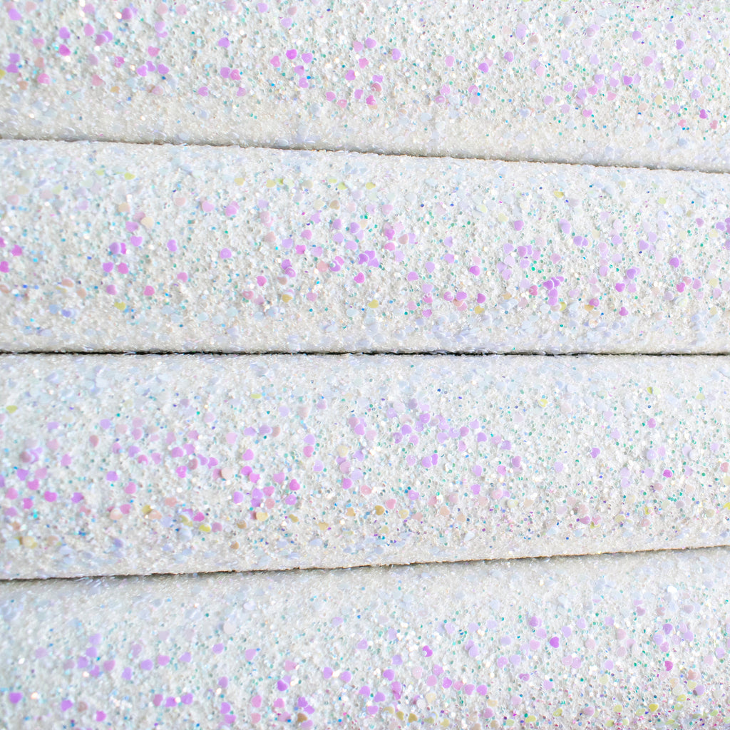 White Sweetheart Chunky Glitter Fabric with hearts