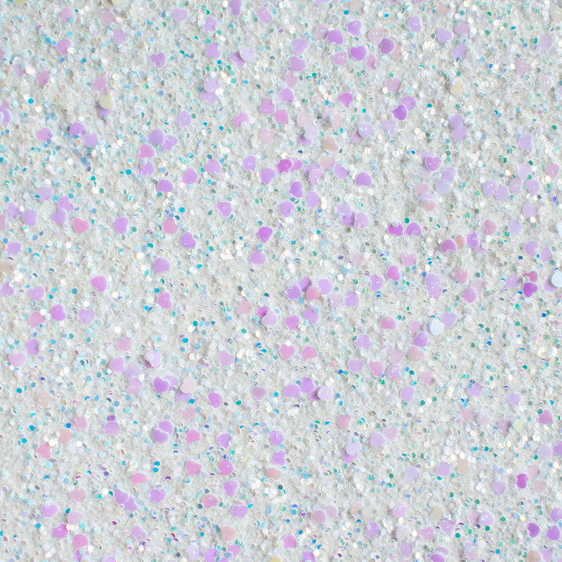 White Sweetheart Chunky Glitter Fabric with hearts
