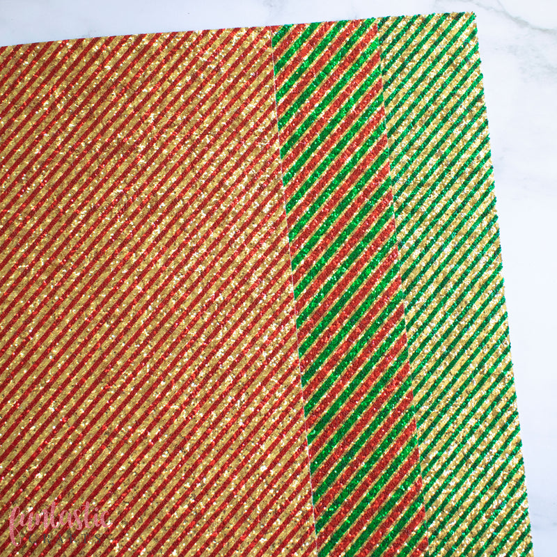 Green and Gold Candy Stripe Christmas Chunky Glitter Fabric