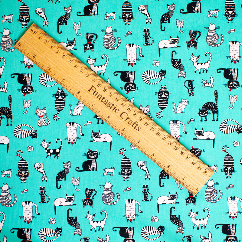 Teal Sassy Cats - 100% Cotton Fabric by Rose and Hubble