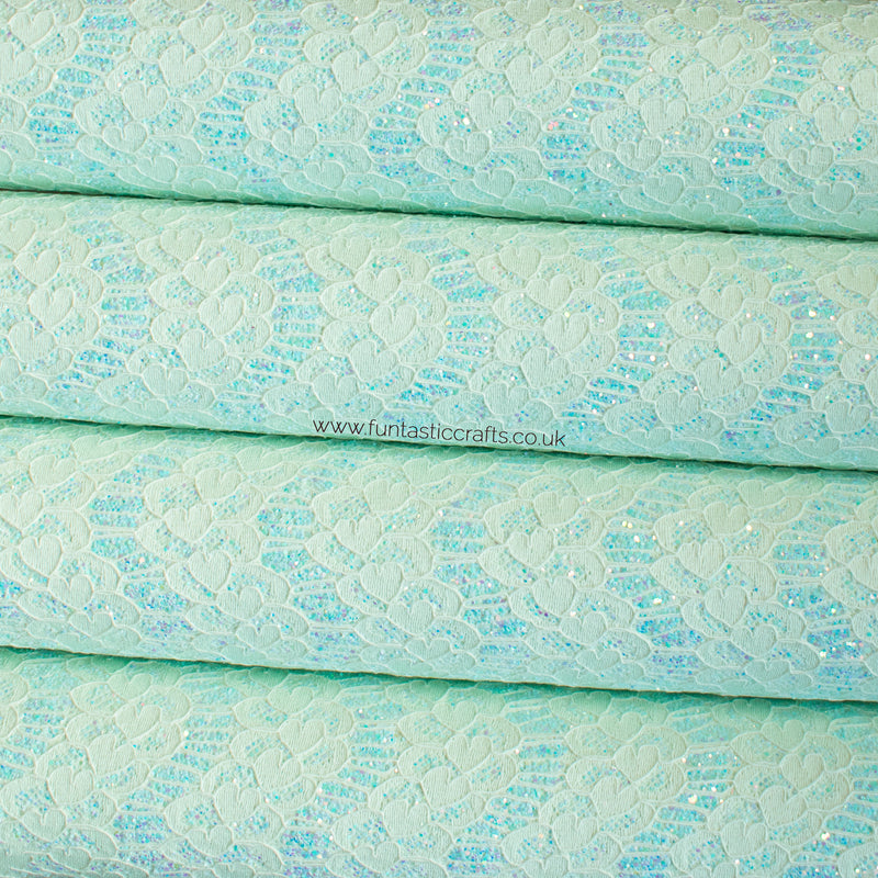 Iridescent Pastel Glitter Lace Fabric - Aqua