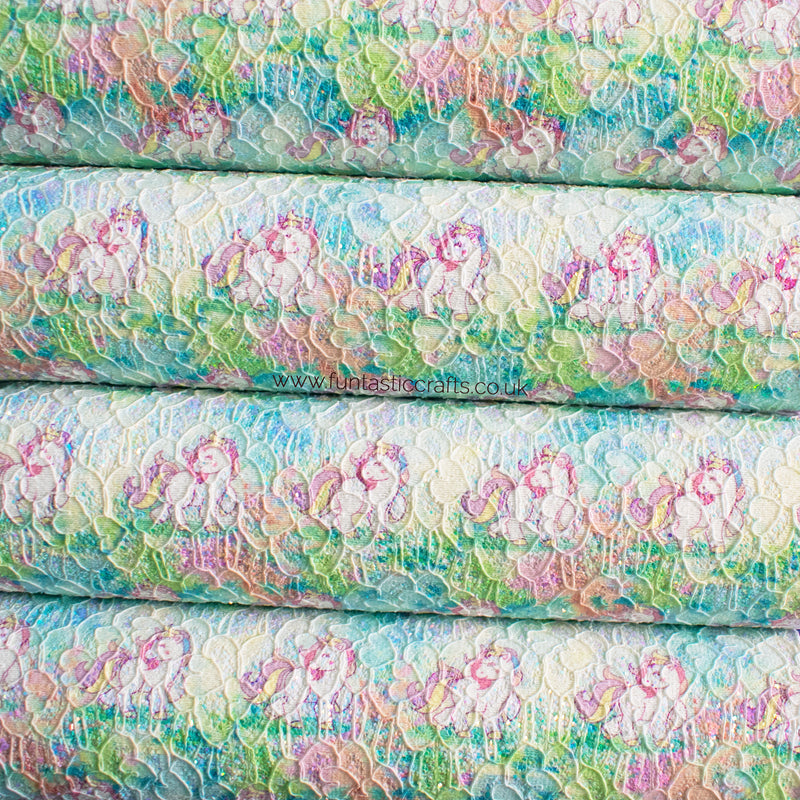 Iridescent Unicorn Printed Glitter Lace Fabric - Aqua