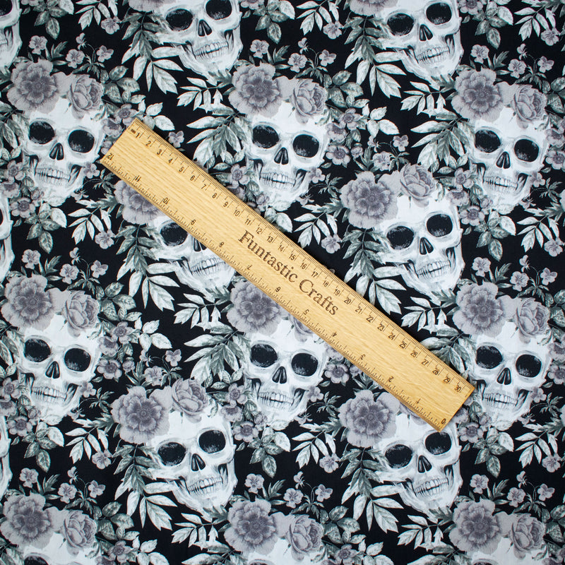 Skulls and Grey Roses 100% Cotton Fabric