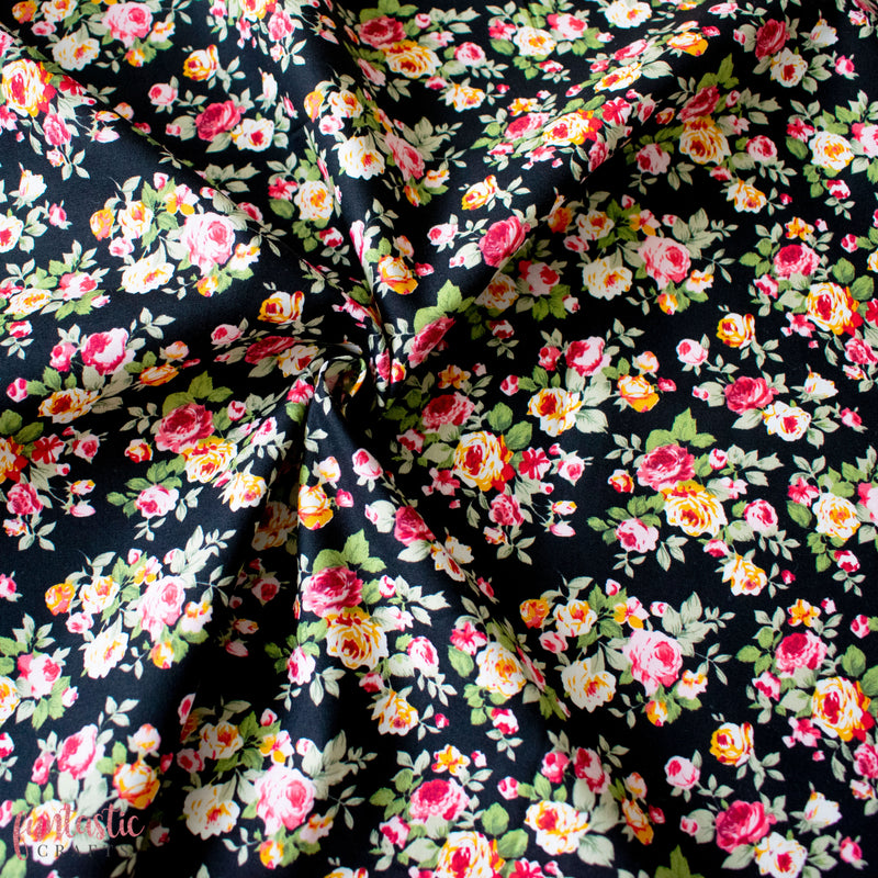 Black Bella Floral - 100% Cotton Fabric by Rose and Hubble