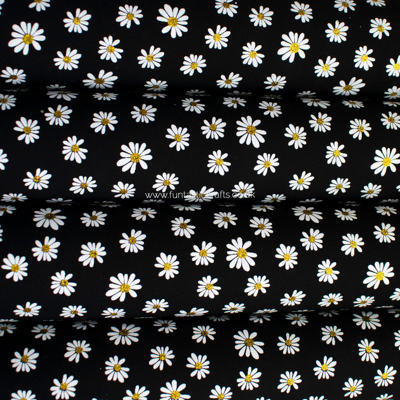 Black Daisy Print Floral Faux Suede Fabric