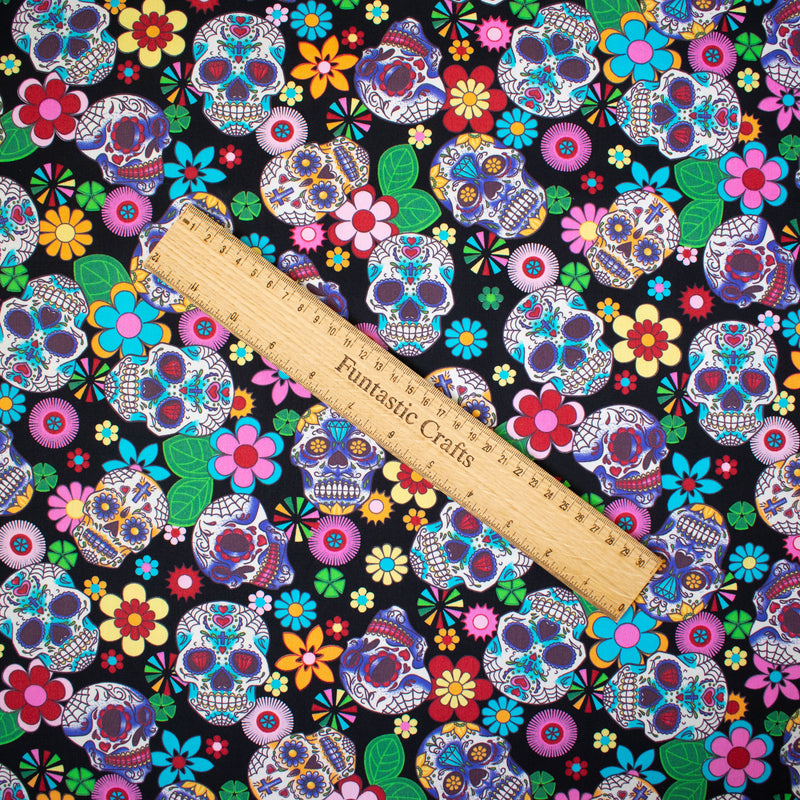 Black Day of the Dead Sugar Skulls 100% Cotton Fabric