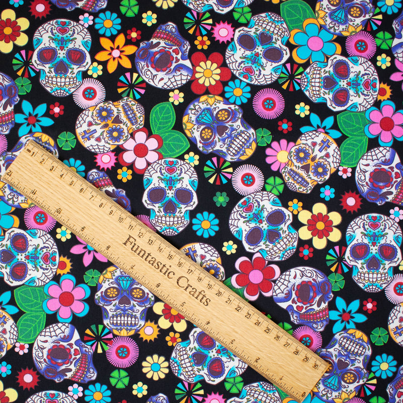Black Day of the Dead Sugar Skulls 100% Cotton Fabric