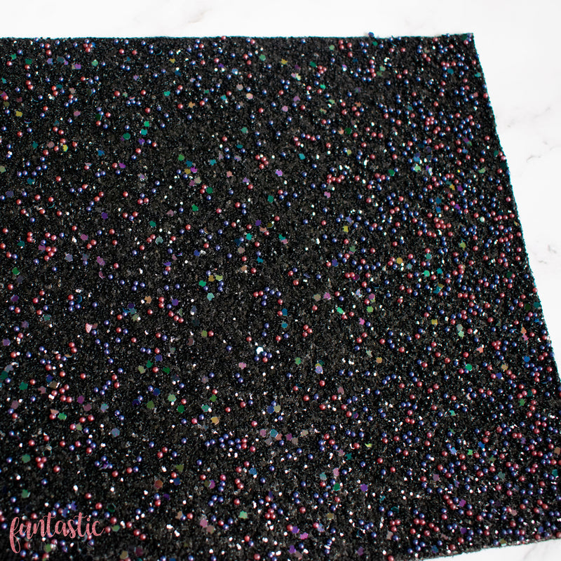 Black Magic Chunky Glitter Fabric with Pearls