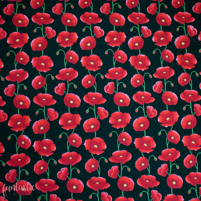 Poppies on Black - 100% Cotton Fabric by Rose and Hubble
