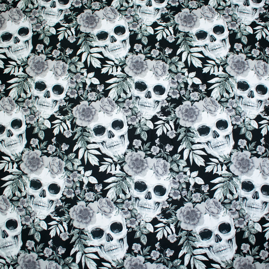 Skulls and Grey Roses 100% Cotton Fabric