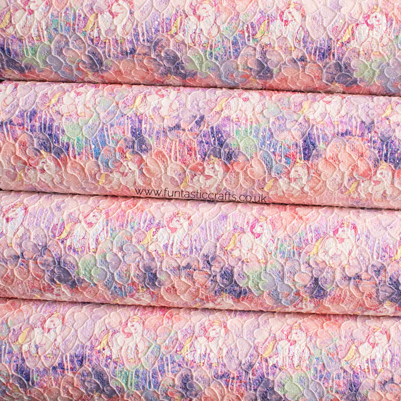 Iridescent Unicorn Printed Glitter Lace Fabric - Blush Pink