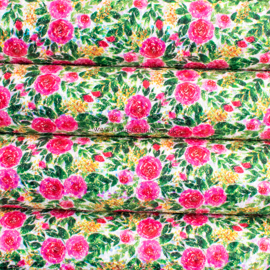 Bright Pink Floral Printed Chunky Glitter Fabric