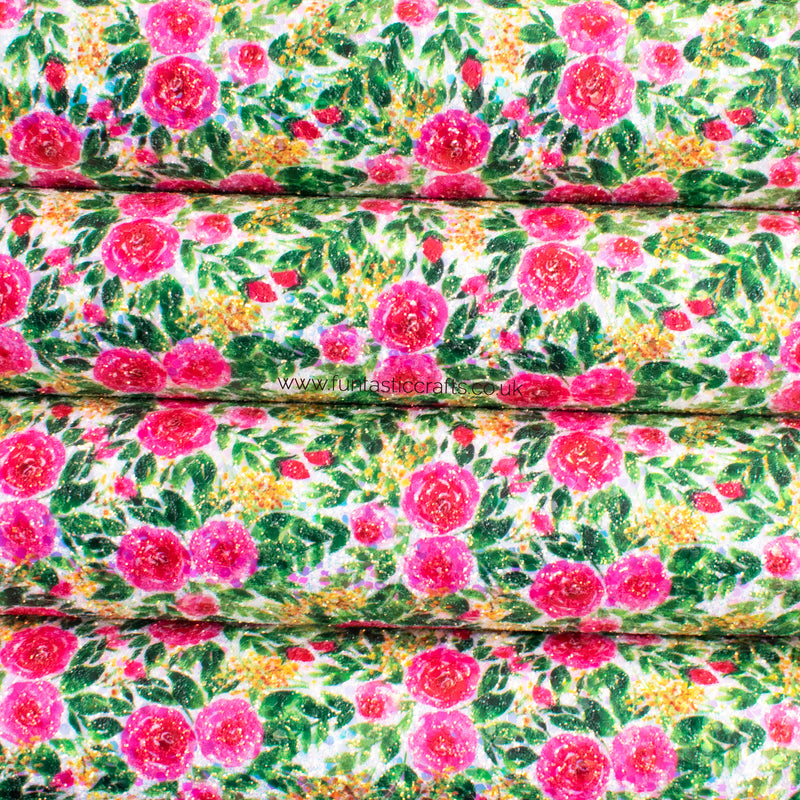 Bright Pink Floral Printed Chunky Glitter Fabric