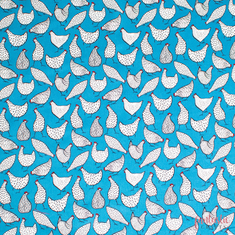 Chickens on Copen Blue - 100% Cotton Fabric