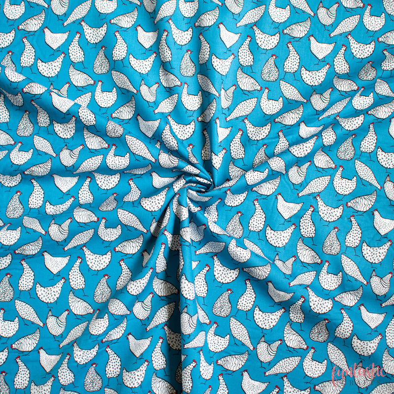 Chickens on Copen Blue - 100% Cotton Fabric