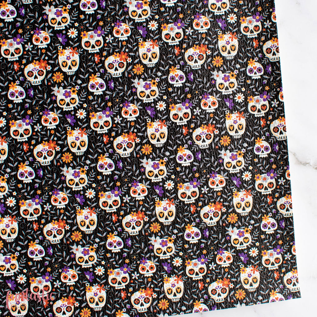 Sugar Skulls Floral Halloween Printed Leatherette
