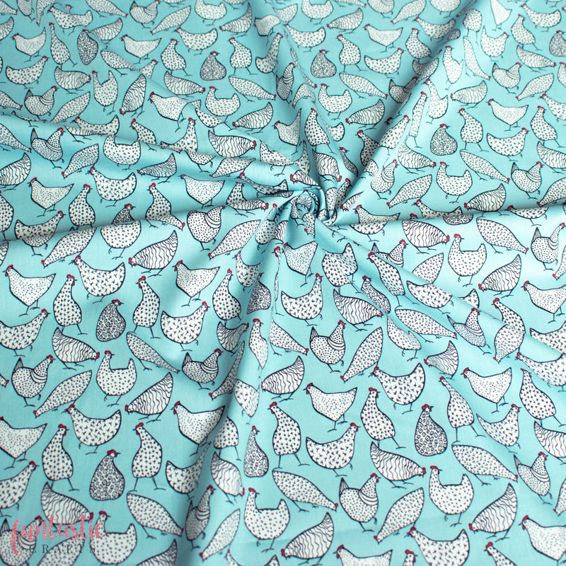 Chickens on Duckegg Blue - 100% Cotton Fabric