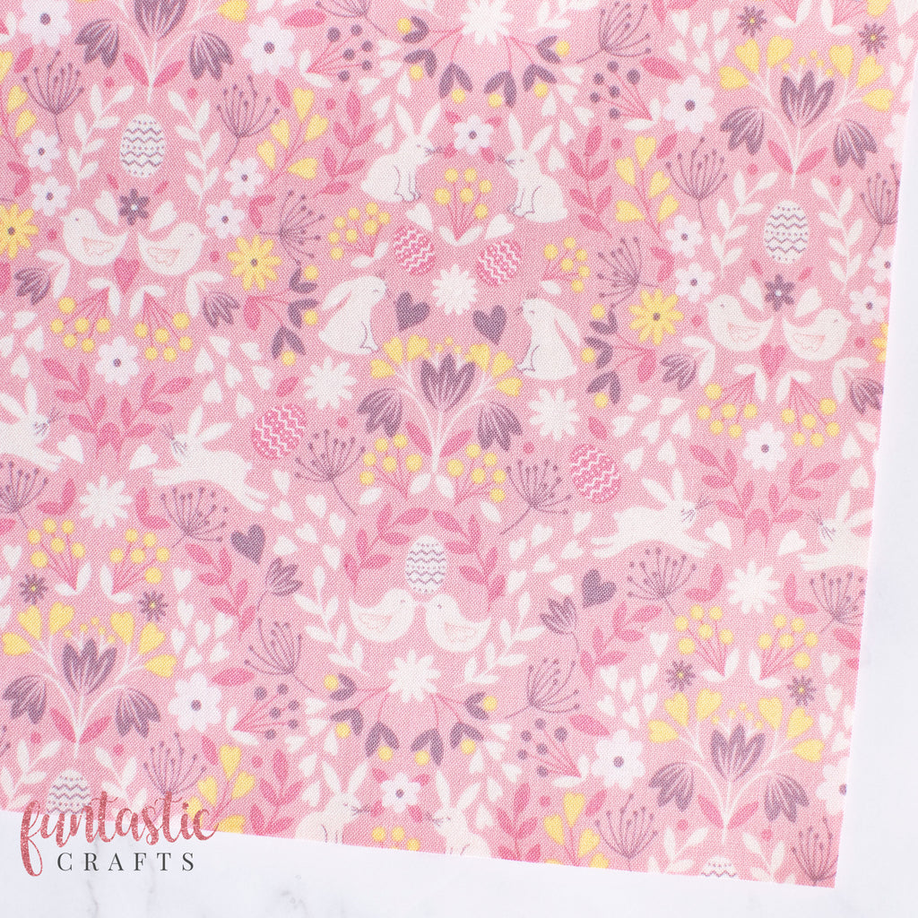 Tiny Floral Easter Bunnies on Pink - Fabric Felt Sheet
