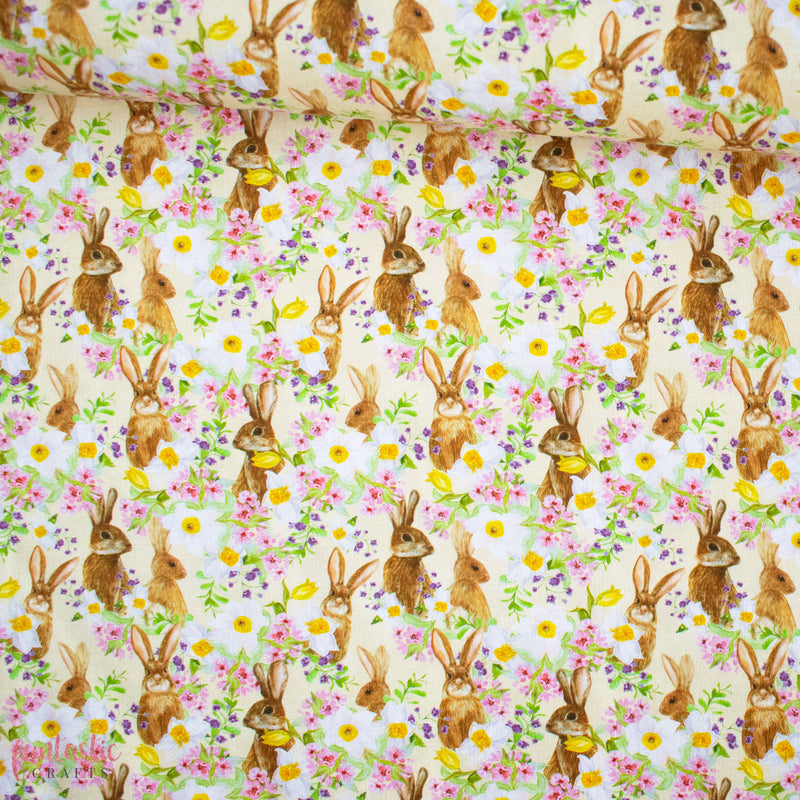 Floral Spring Bunnies 100% Cotton Fabric for Easter