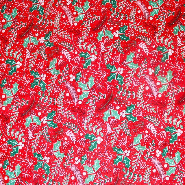 Floral Holly Berries on Red Polycotton Fabric