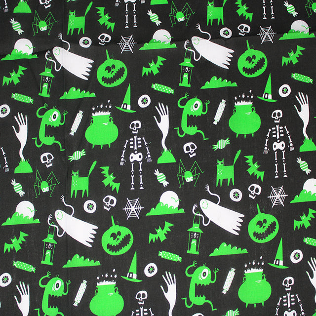 Ghosts and Ghouls on Black - Halloween Polycotton Fabric
