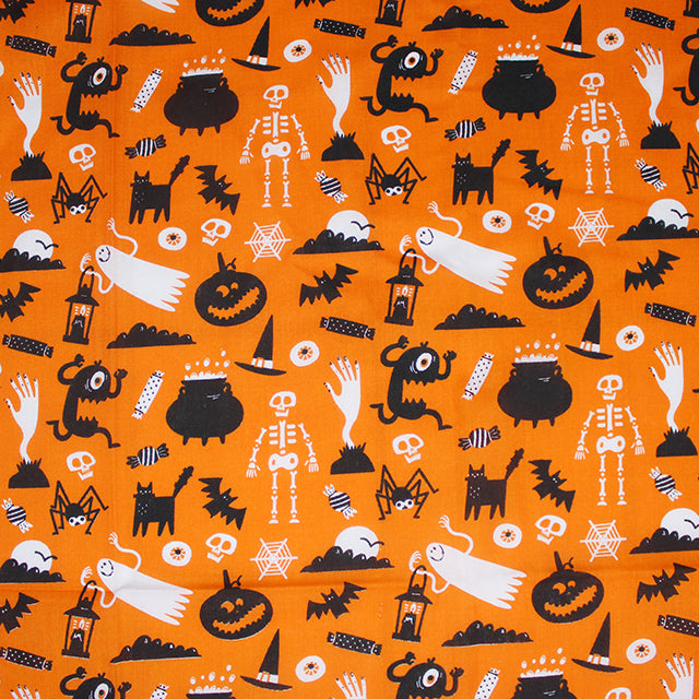Ghosts and Ghouls on Orange - Halloween Polycotton Fabric