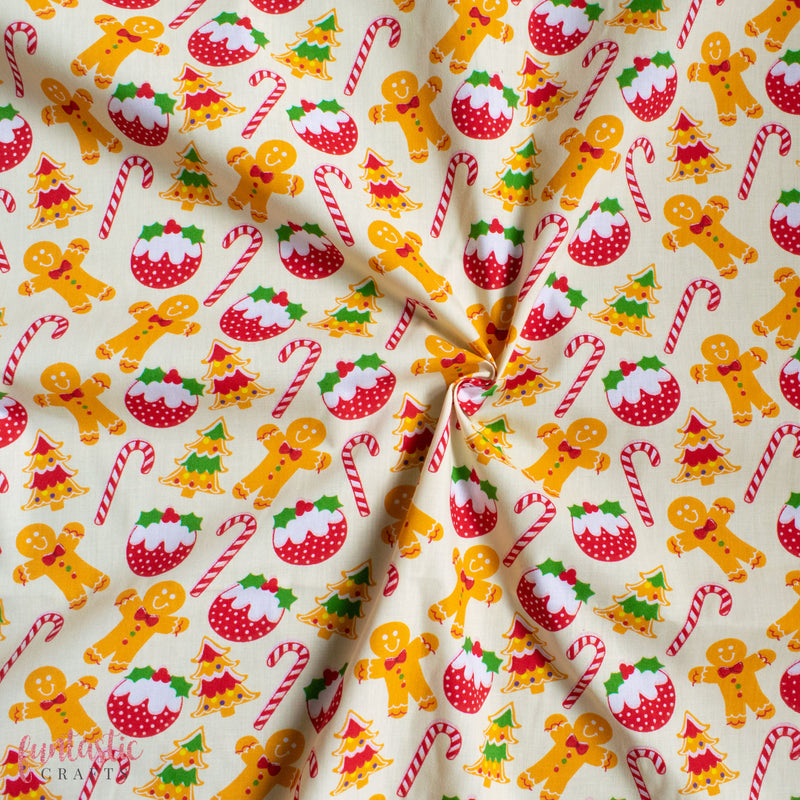 Gingerbread Men and Christmas Puddings Polycotton Fabric