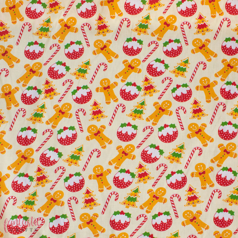 Gingerbread Men and Christmas Puddings Polycotton Fabric