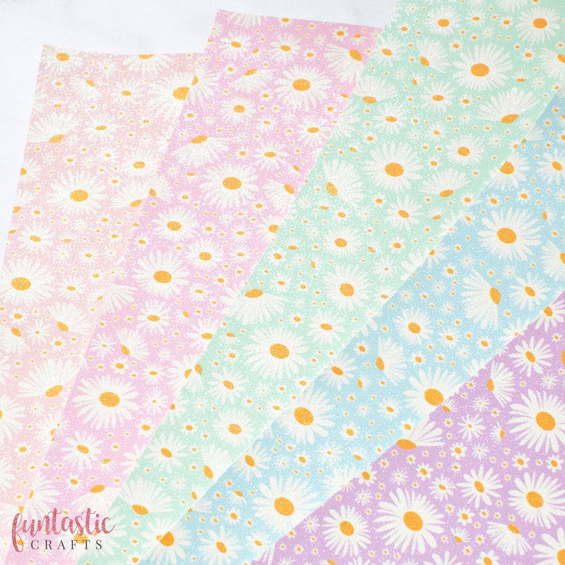 Sky Blue Daisy Floral Glitter Faux Suede Fabric