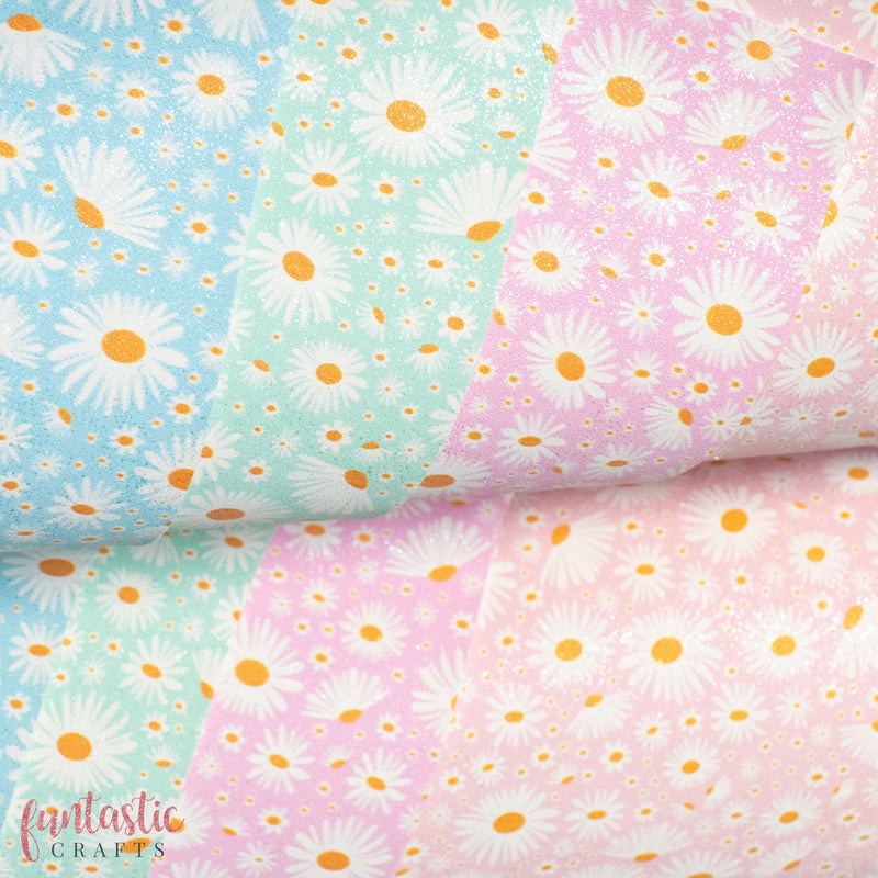 Blush Pink Daisy Floral Glitter Faux Suede Fabric