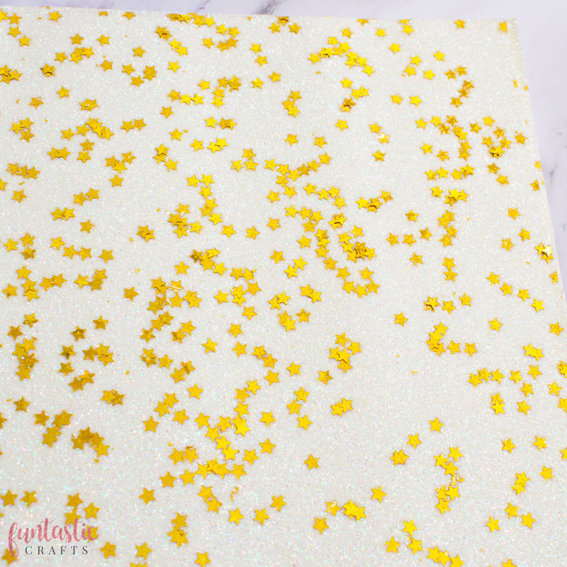 Gold Stars on Iridescent White Fine Glitter Fabric