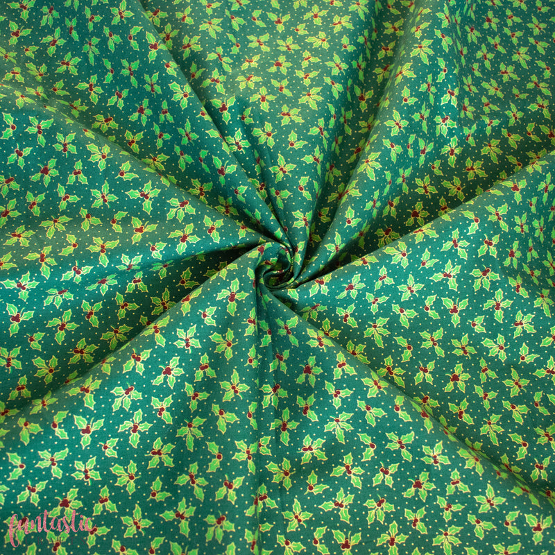 Holly and Berry on Green 100% Cotton Christmas Fabric