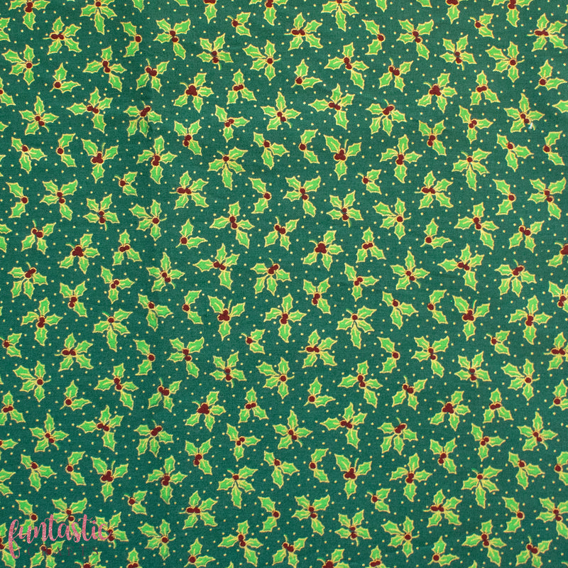 Holly and Berry on Green 100% Cotton Christmas Fabric