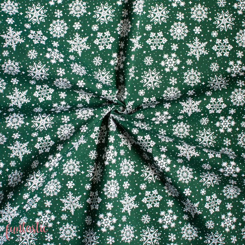 Snowflakes on Forest Green - Christmas Polycotton Fabric