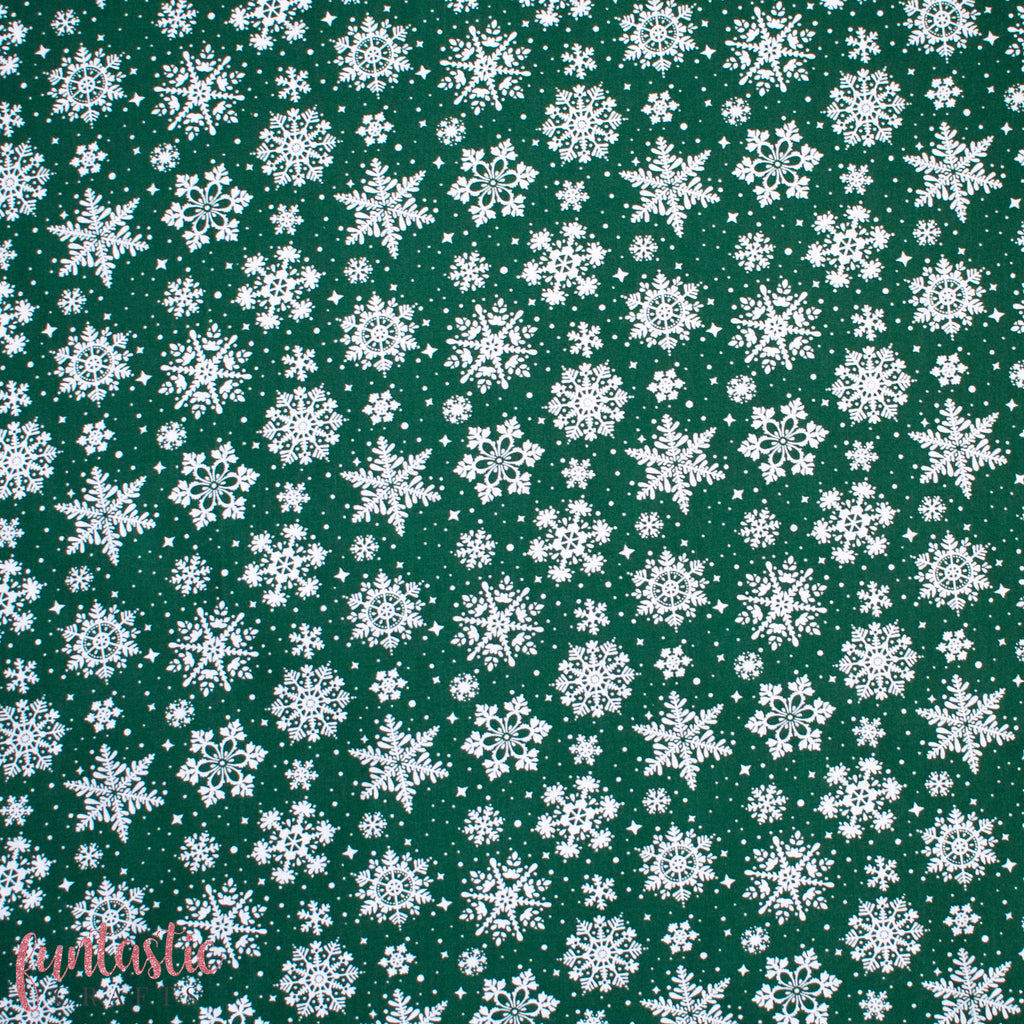 Snowflakes on Forest Green - Christmas Polycotton Fabric