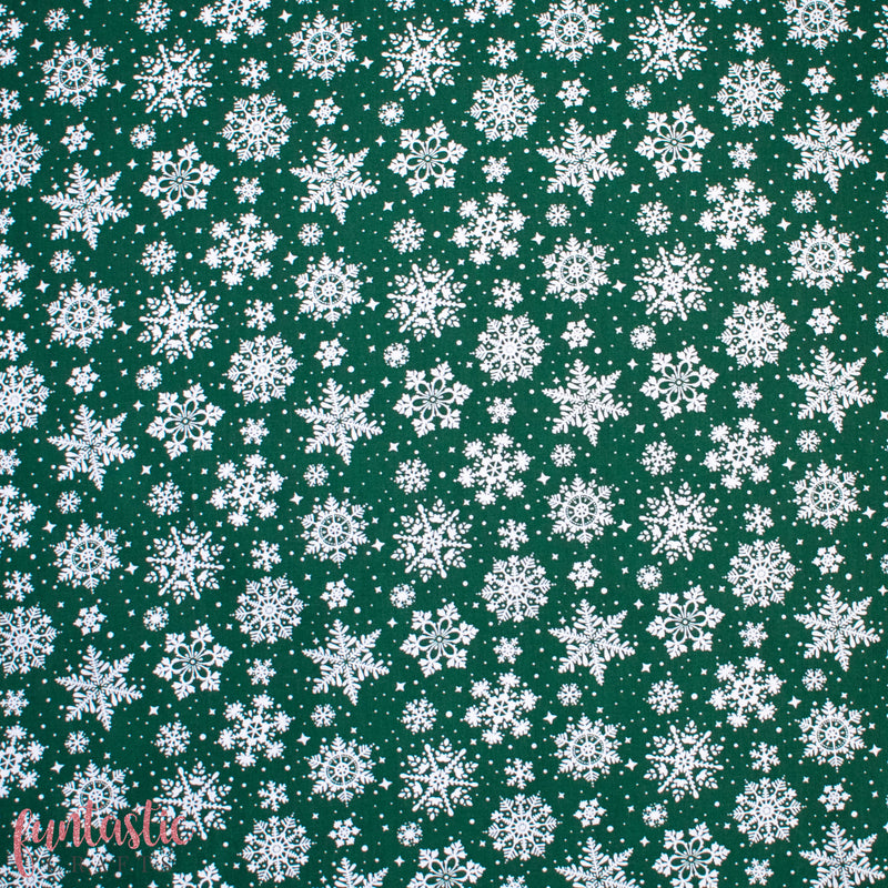 Snowflakes on Forest Green - Christmas Polycotton Fabric