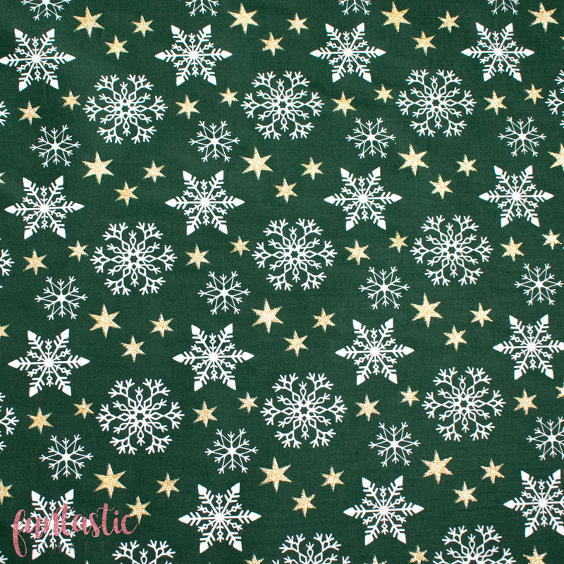 Snowflakes and Glitter Stars on Green 100% Cotton Christmas Fabric