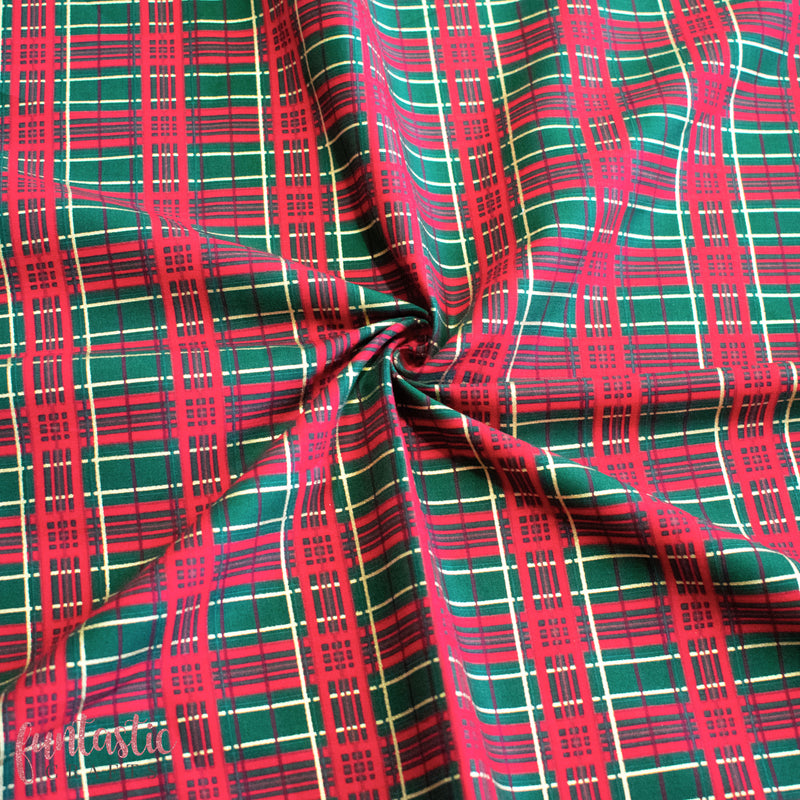 Metallic Green and Gold Tartan 100% Cotton Christmas Fabric