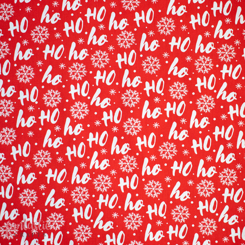 Ho Ho Ho & Snowflakes on Red - Christmas Polycotton Fabric